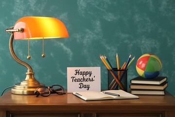 Vintage desk setup with lamp books eyeglasses and happy teachers day card inspiring education