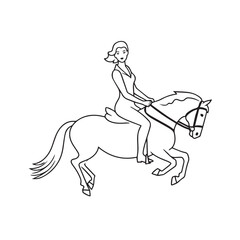 Black and white line art of a beautiful woman with perfect body riding horse elegant minimalist illustration