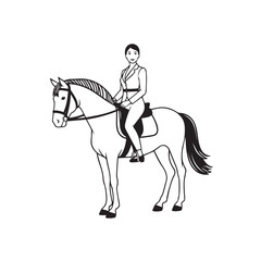 Black and white line art of a beautiful woman with perfect body riding horse elegant minimalist illustration