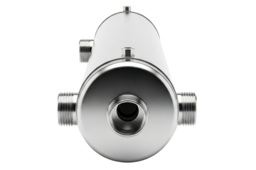 Industrial stainless steel shell and tube heat exchanger part on a transparent background