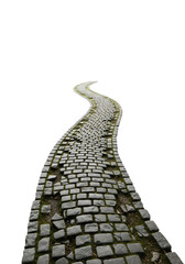 High-angle, photorealistic ancient dark grey cobblestone road with green moss on a bright white studio background, concept of quiet nostalgia and forgotten history