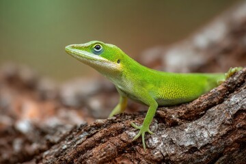 A vibrant green lizard resting on a rough textured piece of bark