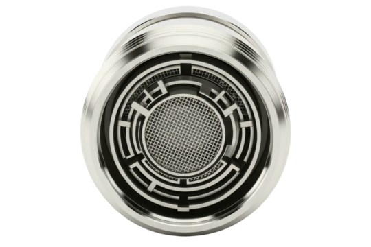 Chrome faucet aerator with a water filter mesh on a transparent background