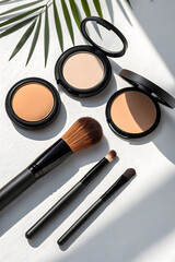 Cosmetic products and makeup brushes arranged on a white surface with palm leaf shadows