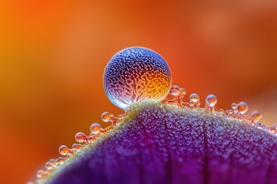 A large water droplet rests atop a vibrant purple petal, adorned with smaller droplets, creating a stunning macro photograph. - Powered by Adobe
