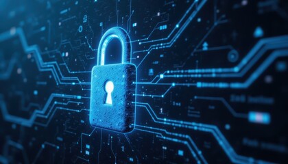 Cybersecurity lock on circuit board, protecting digital data and systems from threats