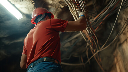 Electrician working on wiring in underground tunnel; hardhat safety. Worker inspecting cables in a narrow space with poor lighting; repair and maintenance.