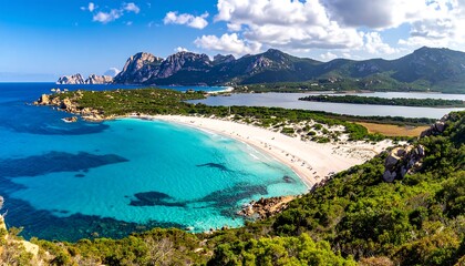 Panoramic view of a stunning beach, turquoise water, and mountains