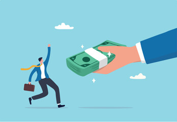 Getting paid, salary, wages payment or bonus, reward or employee benefits, tax refund or investment profit earning, loan or mortgage concept, business man hand giving money banknote to happy employee.