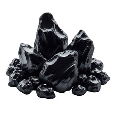Irregular, deep, opaque black obsidian shards with rough, jagged edges, clustered on a transparent background with dramatic low-key lighting and deep shadows, raw geological power