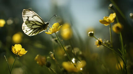 Obraz premium A butterfly dancing around a buttercup on a sunny day (3)