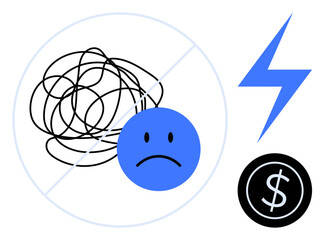 Sad face with tangled lines crossed out, lightning bolt, and coin. Ideal for mental clarity, financial stress, emotional well-being, problem-solving, motivation, resilience simple flat metaphor