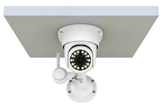 Modern wireless security camera with rotating head and LED lights on a transparent background