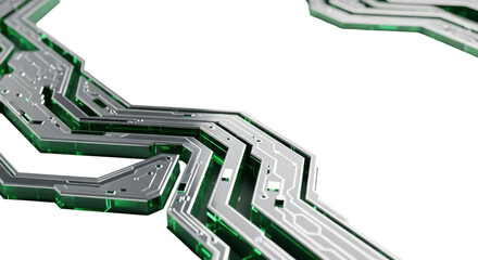 Precise, intricate abstract circuit board pattern with angular geometric segments and chrome flecks, on a transparent background with copy space, concept of futuristic digital architecture.