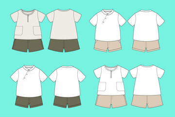 Baby Kids Clothing Casual Wear Bundle Set Fashion Flat Sketch Outline CAD Mockup.