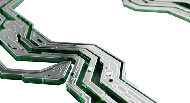 Precise, intricate abstract circuit board pattern with angular geometric segments and chrome flecks, on a transparent background with copy space, concept of futuristic digital architecture.