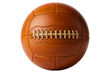 Old-fashioned brown leather soccer ball with classic stitching on a transparent background