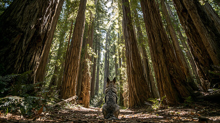 A dog looking incredibly small beneath towering redwood trees (3)