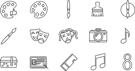 Black and white art and media icons set featuring paintbrush, palette, theater masks, camera, music, flashlight, and creative tools.