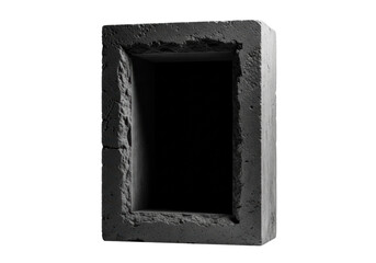 Monolithic thick-set rectangular frame, rough dark brutalist concrete, deep shadow recess, matte black interior, isolated on transparent with copy space, dramatic studio lighting. Concept of
