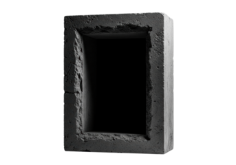 Monolithic thick-set rectangular frame, rough dark brutalist concrete, deep shadow recess, matte black interior, isolated on transparent with copy space, dramatic studio lighting. Concept of