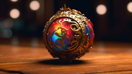 intricate, ornate, detailed, decorative, christmas, ornament, gold, red, jewel-toned, reflective, glowing, bokeh, warm, festive, elegant, vintage, holiday, celebration
