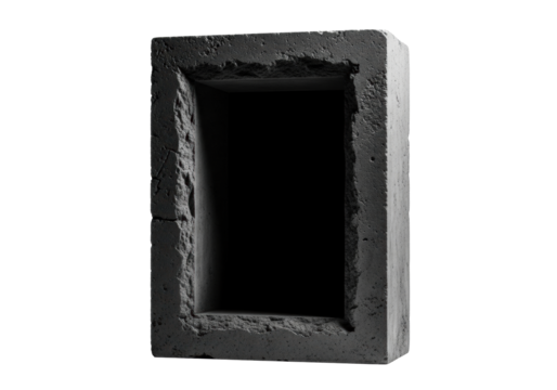 Monolithic thick-set rectangular frame, rough dark brutalist concrete, deep shadow recess, matte black interior, isolated on transparent with copy space, dramatic studio lighting. Concept of