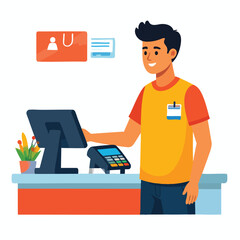 A cashier stands at a checkout counter with a monitor, card reader, and floral decoration.