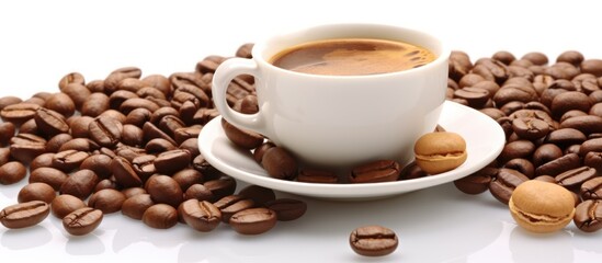 Fototapeta premium coffee beans, white ceramic mug, saucer, close-up, detailed, photorealistic, steam, freshly brewed, aroma, warm, cozy, inviting, rich, aromatic, delicious, high-quality, high-resolution 