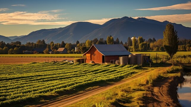 a farm landscape with a red barn, rolling green fields, and mountains in the background under a dramatic cloudy sky, highly detailed, cinematic, vivid colors, award-winning photography, landscape phot
