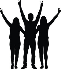 Silhouette group celebrating with peace signs, joyful unity pose, expressive gesture, black vector illustration of happiness, friendship, and togetherness