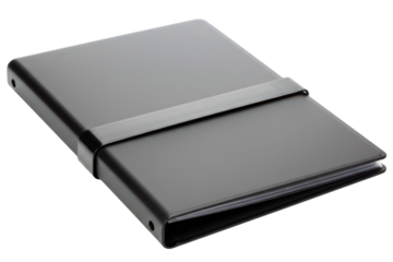 Black plastic portfolio folder with an elastic band closure on a transparent background