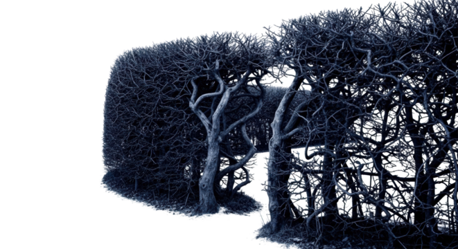 Ancient, untamed indigo hedge with gnarled, thorny branches and thick, dark leaves, isolated on a transparent background with copy space, profound mystery concept