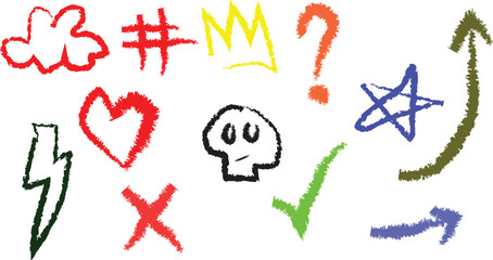 Assorted Hand Drawn Colorful Graffiti Style Icons Playful Scribbles and Doodles Collection Whimsical Drawings for Creative Projects