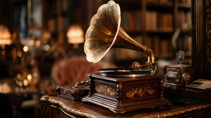 Vintage 1920s gramophone antique music player ornate brass horn classic record player