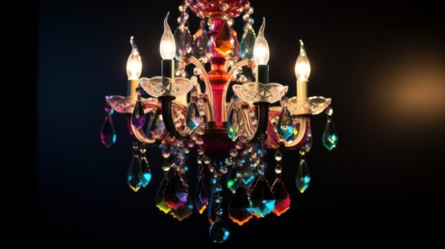 ornate,intricate,crystal chandelier,colorful glass pendants,baroque style,opulent,luxurious,dramatic lighting,detailed candle holders,dramatic shadows,rich textures,deep shadows,striking composition,s