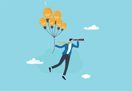 Business ideas, creativity or innovation to searching for new success, finding solution or imagination, visionary or new opportunity concept, businessman flying with lightbulb balloons and telescope