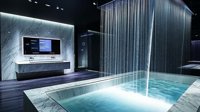 Modern Bathroom with Waterfall Shower and Large TV.
