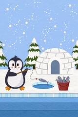 Illustration of a cute penguin character playing in the snow and fishing in a paper cutout style 
