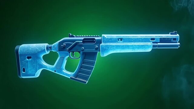 Futuristic ice-covered weapon with modern design against a dark green background
