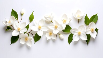 Delicate white flowers arranged on a white background