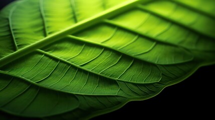 macro shot of a green leaf, intricate leaf veins, detailed textures, vibrant colors, natural lighting, high contrast, depth of field, cinematic, 8k, photorealistic
