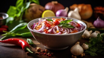 A steaming bowl of vibrant red borscht soup, garnished with fresh dill, sour cream, and a drizzle of olive oil, surrounded by crisp vegetables, crusty bread, and a scattering of seasonal produce on a 