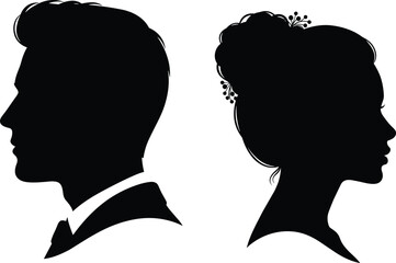 Silhouette of man and woman, male female profile vector, elegant couple outline, wedding silhouette design, romantic head side view