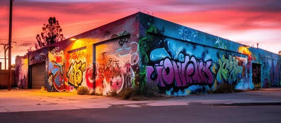 graffiti wall,urban street,colorful murals,vibrant sunset sky,cityscape,neon lights,industrial buildings,dynamic composition,gritty urban environment,bold artistic expression,moody atmosphere,dynamic 