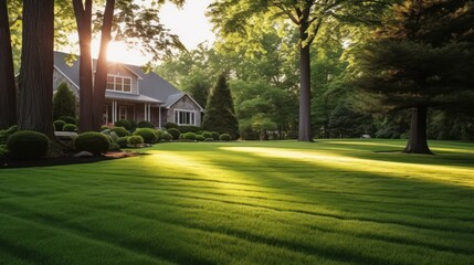 tranquil green garden, lush meadow, sunlight filtering through trees, cozy cottage in the distance, peaceful countryside landscape, picturesque countryside scene, serene natural environment, verdant g