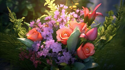lush floral bouquet, vibrant colors, blooming roses, delicate petals, intricate arrangements, natural lighting, soft focus, artistic composition, dreamlike atmosphere, digital painting style, highly d