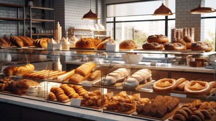 bakery, cafe, pastry display, croissants, breads, muffins, cakes, cookies, wooden shelves, copper lighting fixtures, large windows, sunlight, cozy atmosphere
