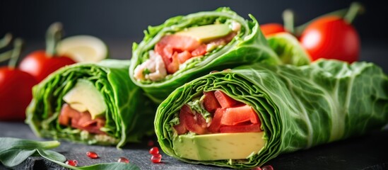 avocado, spinach, tomato, healthy, vibrant colors, fresh, green, red, rolled, wrap, close-up, detailed, food photography, appetizing, delicious
