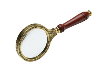 Antique ornate magnifying glass with beveled lens, aged brass, intricate scrollwork, dark mahogany handle, diagonally on crisp white background with copy space, studio lighting, intellectual